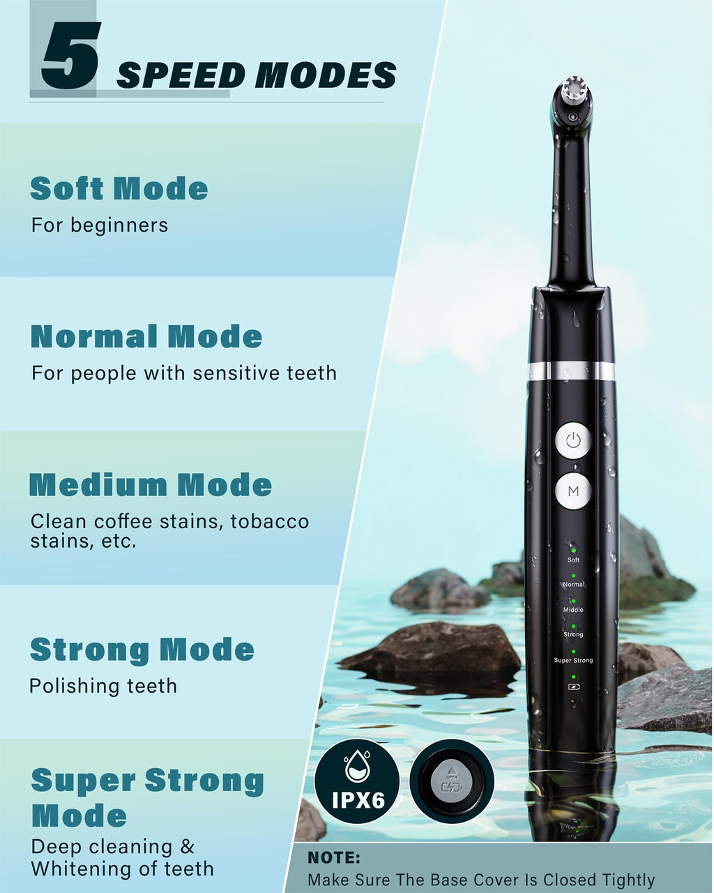 Tooth Polisher Rechargeable Whitening Kit - 3 Pastes, 5 Heads, LED Light (Black)