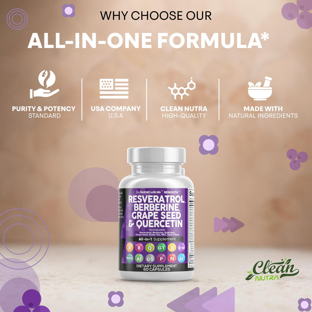 Clean Resveratrol Supplement with Berberine, Grape Seed & Quercetin