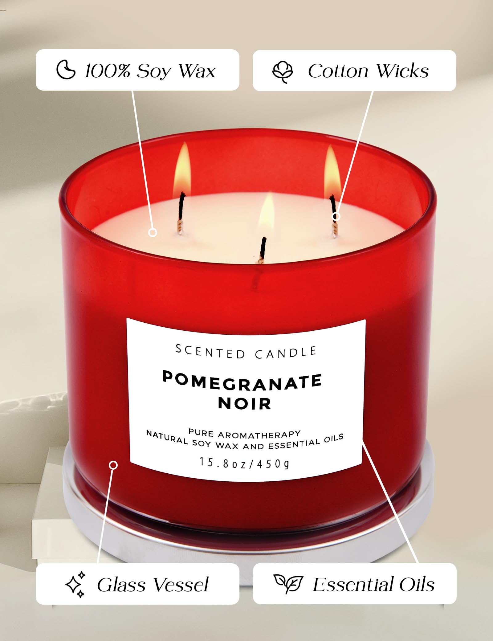 Pomegranate Noir Vanilla 3-Wick Soy Candle – 15.8 oz, Aromatherapy