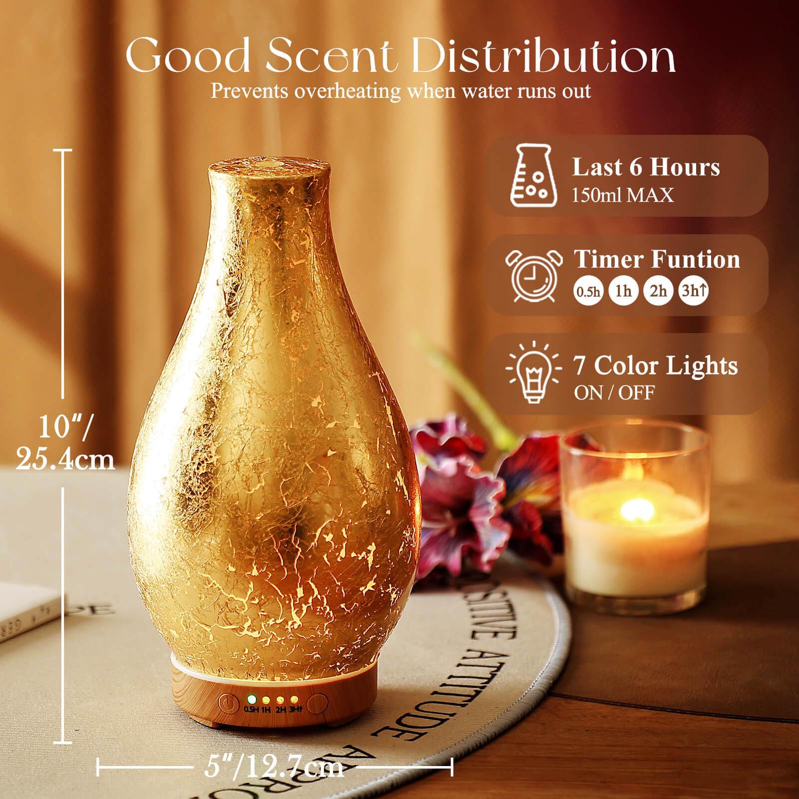 Porseme 100ml Gold-Plated Volcano Diffuser - 7 LEDs, Waterless Auto-Off