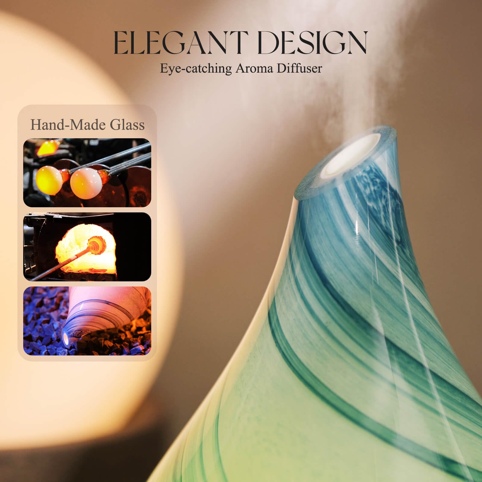 Porseme 150ml Glass Essential Oil Diffuser – Color-Changing Ultrasonic Humidifier (Blue Ink)