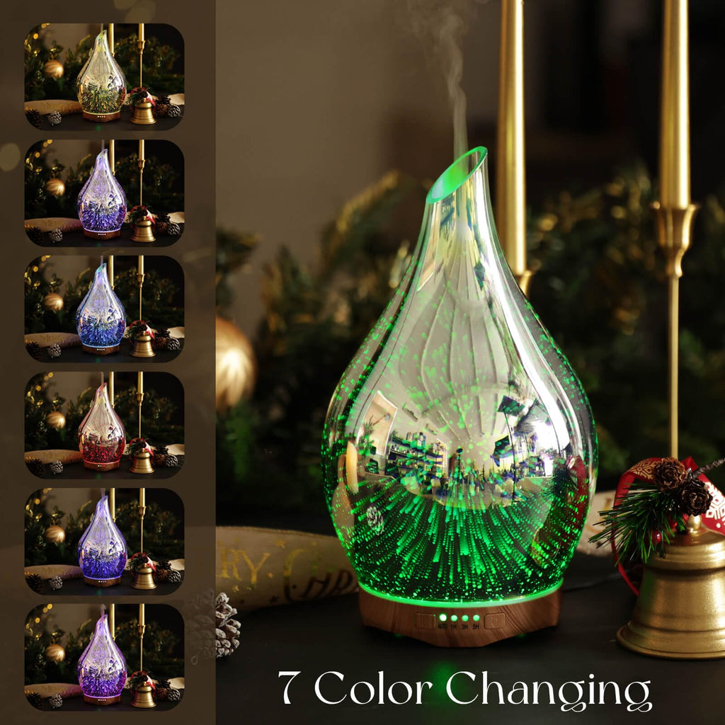 Porseme 280ml 3D Glass Essential Oil Diffuser – Ultrasonic Humidifier, Auto Shut-Off, BPA Free