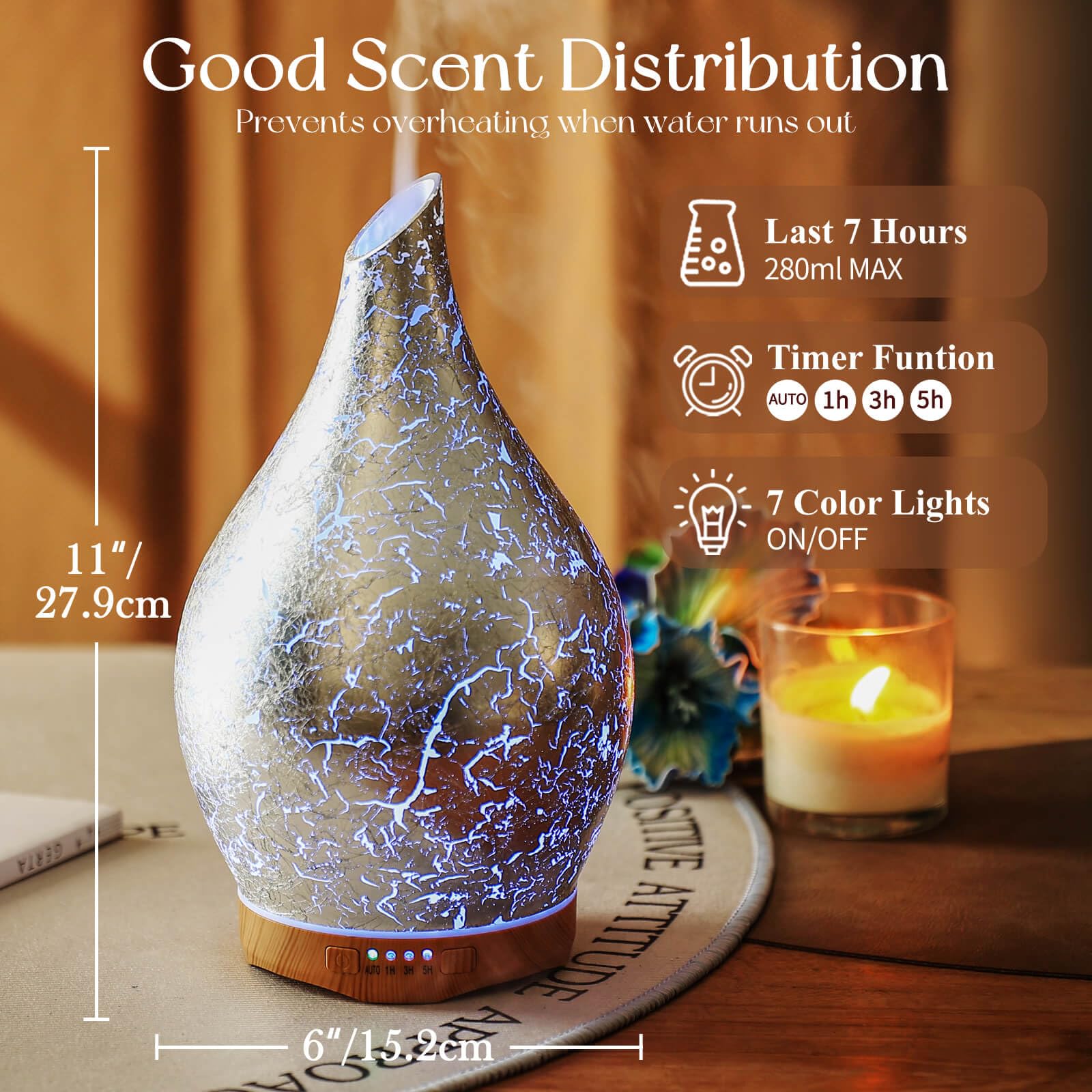 Porseme 280ml Essential Oil Diffuser – 3D Glass Aromatherapy, Ultrasonic Mist, BPA Free, Waterless Auto-Off
