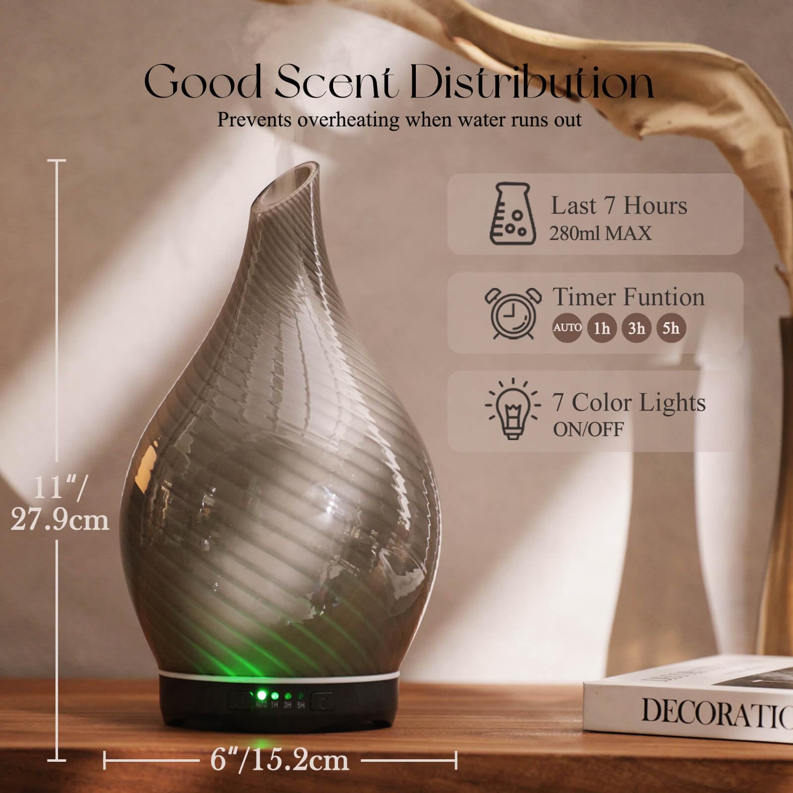 Porseme 280ml Glass Diffuser – Color Changing Aromatherapy, Auto-Off