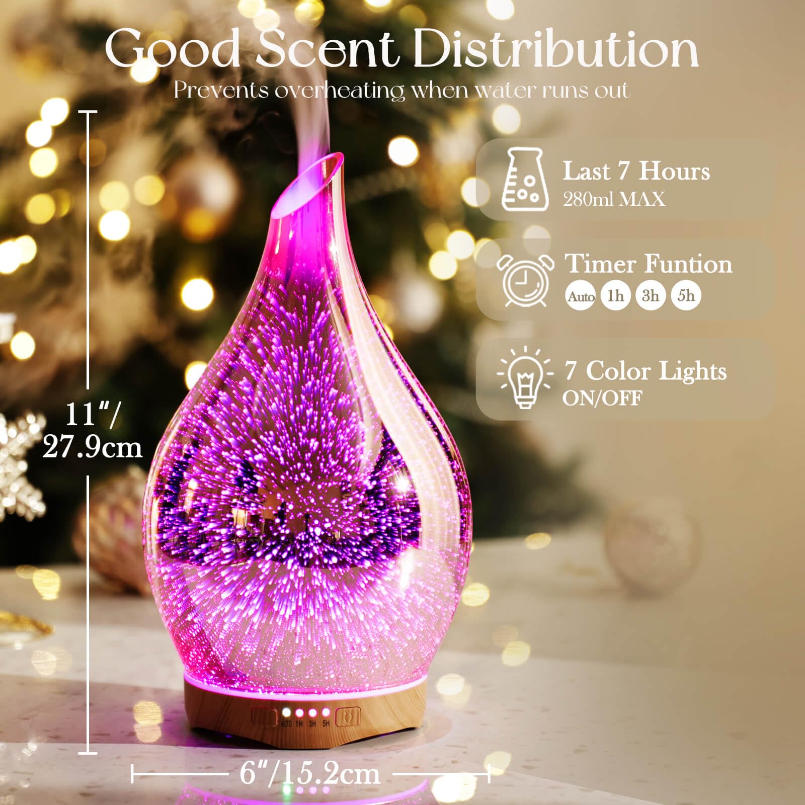 Porseme 280ml Essential Oil Diffuser | 3D Glass Aromatherapy Diffuser with Timer & Color Changing Lights
