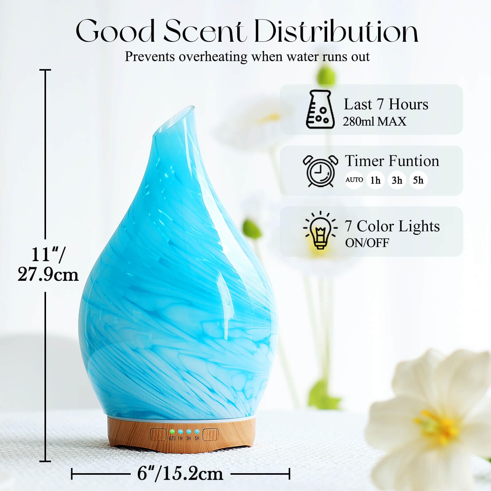 Porseme 280ml Glass Diffuser – Blue Wave, Color Changing LED, 7h Run Time