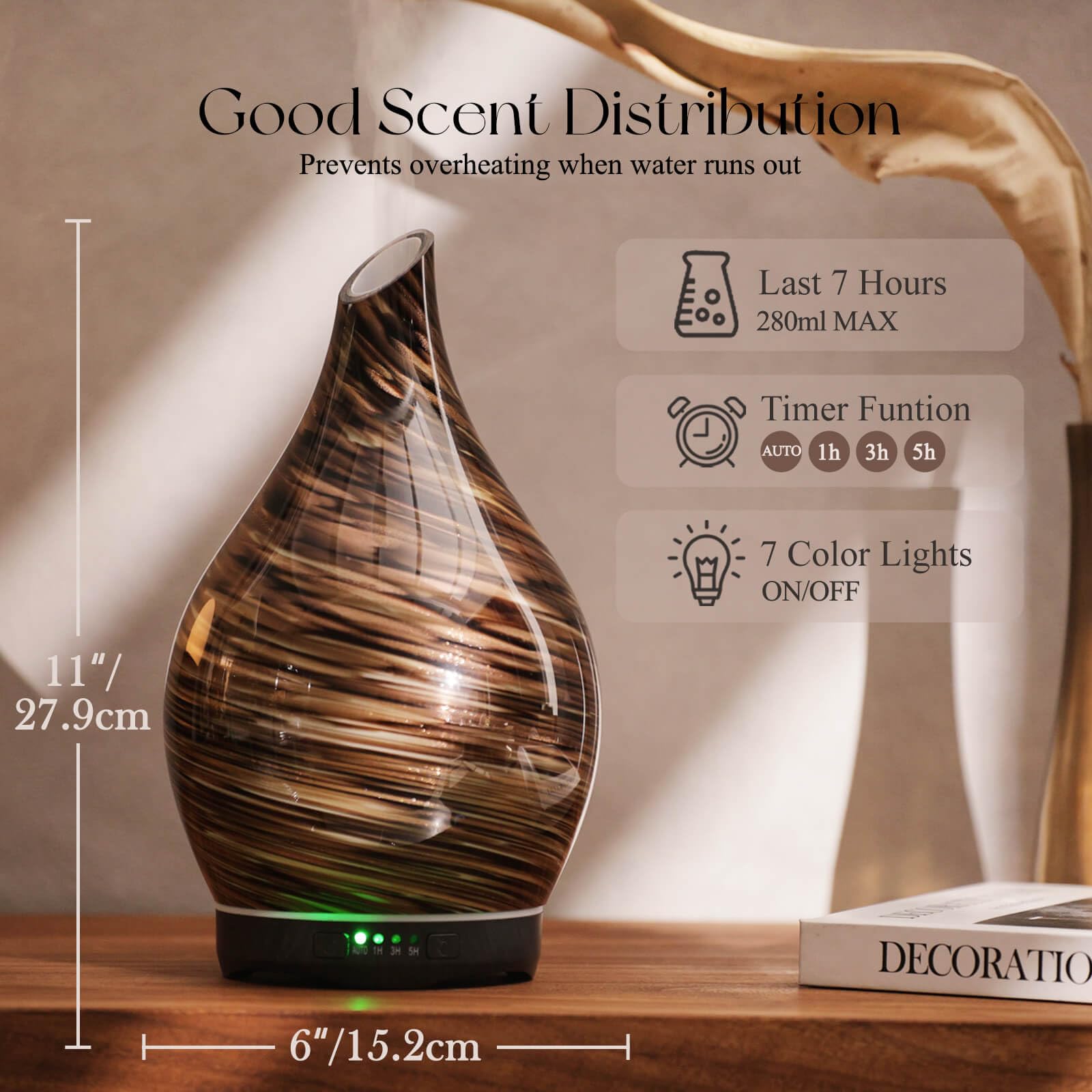 Porseme 280ml Glass Diffuser - Dark Golden, Color-Changing, 7h Auto-Off