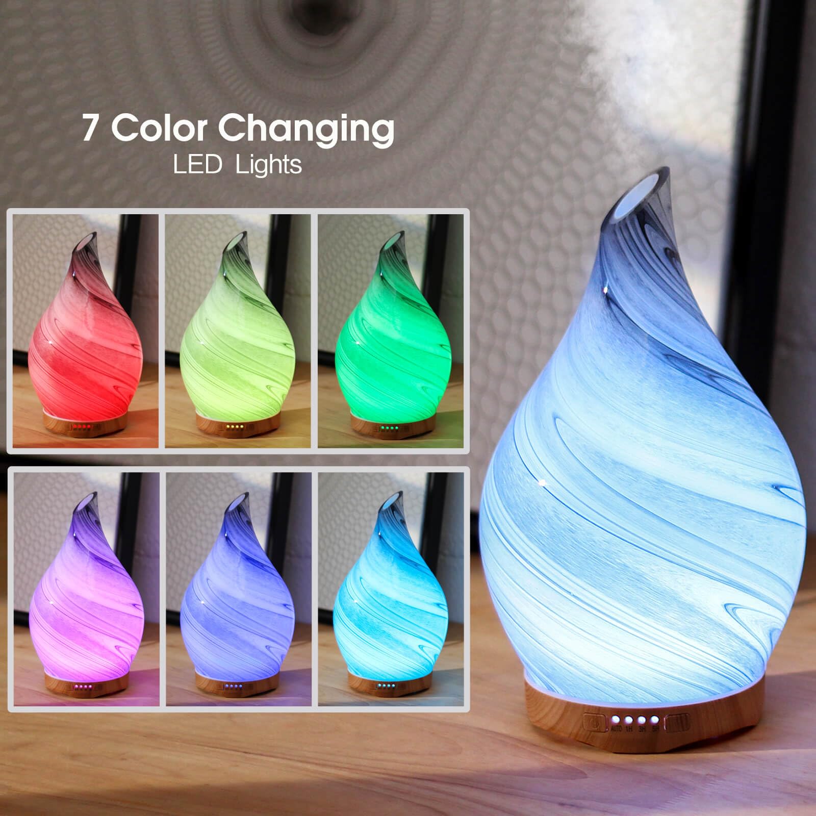 Porseme 280ml Glass Essential Oil Diffuser – Color Changing LED, Ultrasonic Mist, Auto-Off (Ink)