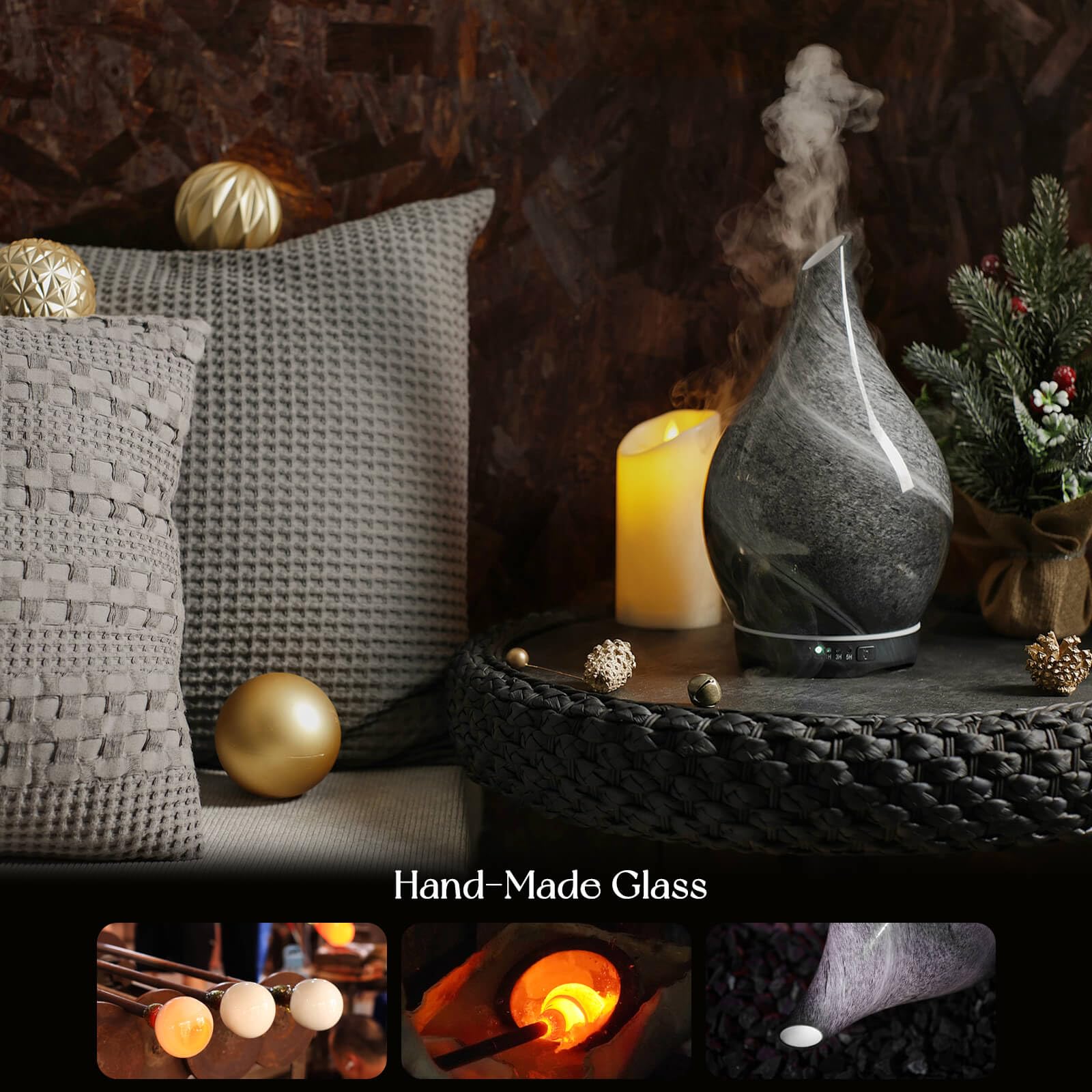 Porseme 280ml Glass Essential Oil Diffuser – Obsidian | Color Changing LED, Auto-Off