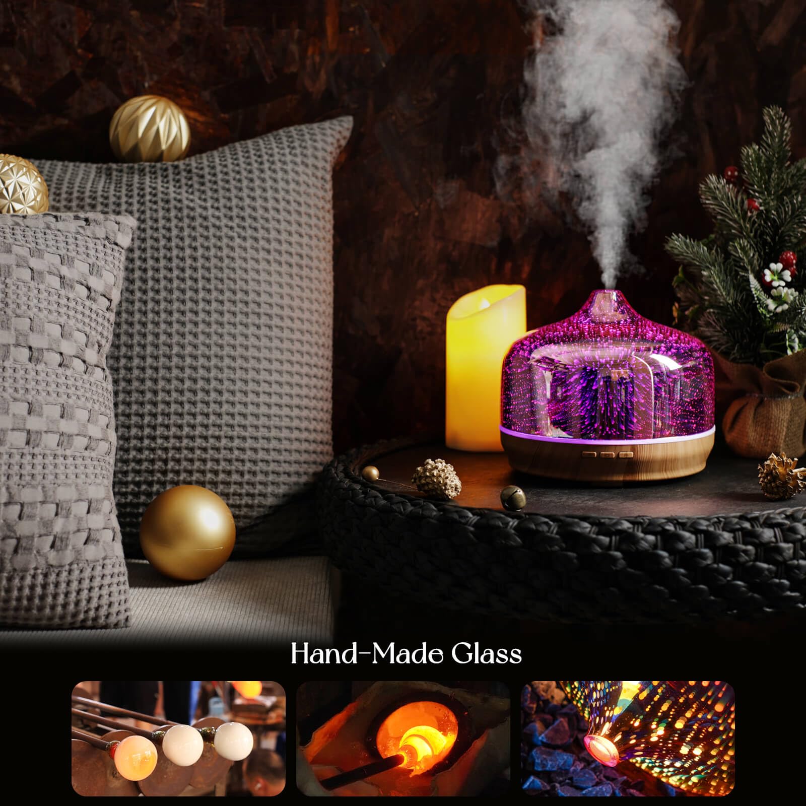 Porseme 500ml Glass Essential Oil Diffuser – 3D Firework Design, Ultrasonic Humidifier, Auto Shut-Off, BPA Free
