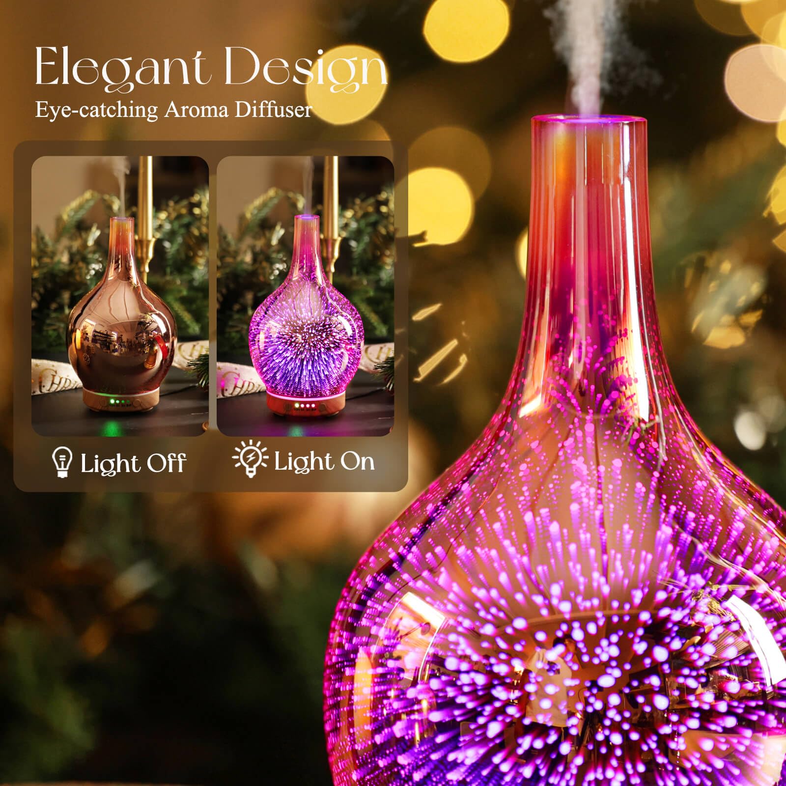 Porseme Rose Gold 150ml Glass Essential Oil Diffuser - 3D Firework Cover, Waterless Auto-Off