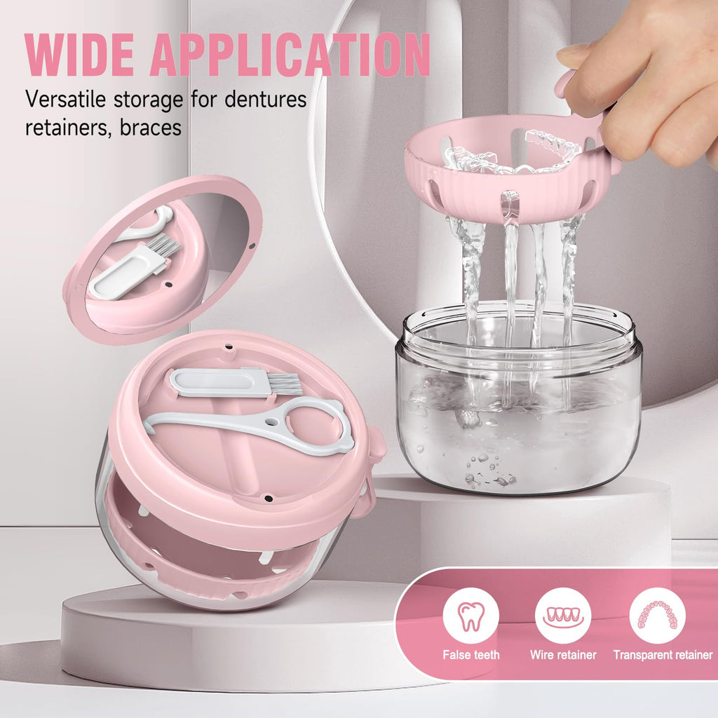 Leak-Proof Denture Bath Box Kit | Portable Travel Retainer Case with Mirror, Brush & Strainer
