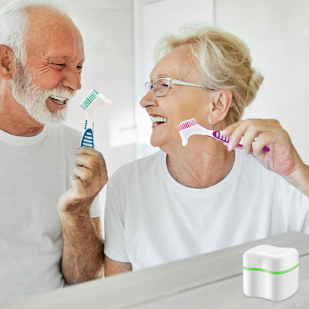 Denture Cleaner Box & Brush Set – 2 Pack Bath Case with Basket + 2 Denture Brushes (Green & Dark Blue)