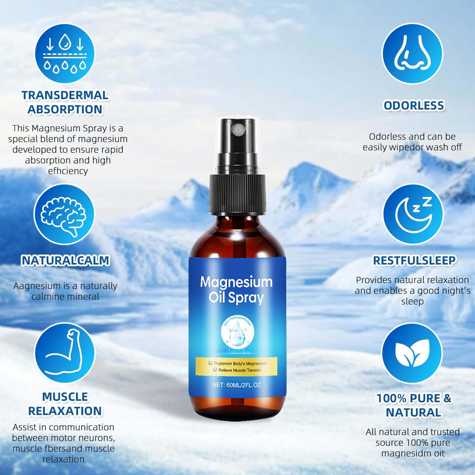 Pure Magnesium Oil Spray – Foot & Body Care, 60ml Leak-Proof Portable Bottle
