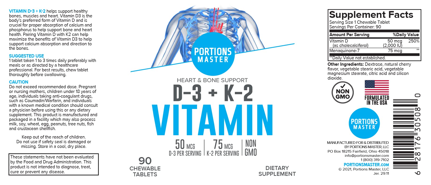 Portions Master Vitamin D3 + K2 5000 IU — Bone & Heart Health (60 Caps) • Non-GMO, Gluten-Free