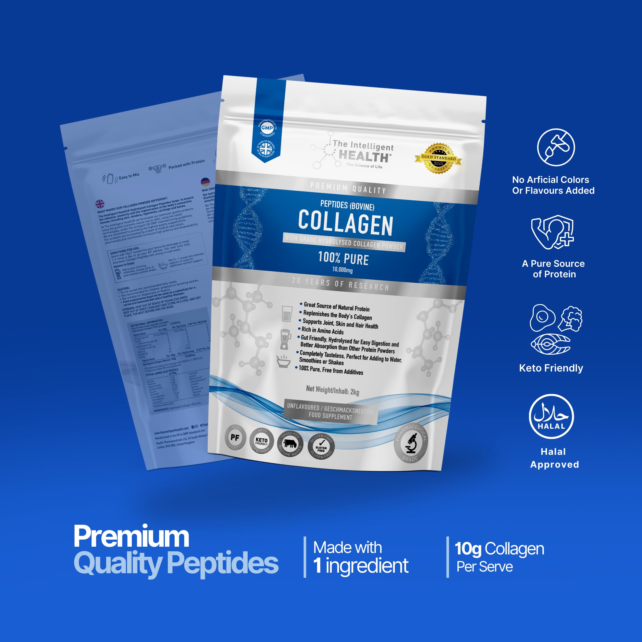 The Intelligent Health Hydrolyzed Collagen Peptides Powder – Grass-Fed, Unflavored, 10g per Serving, 2kg