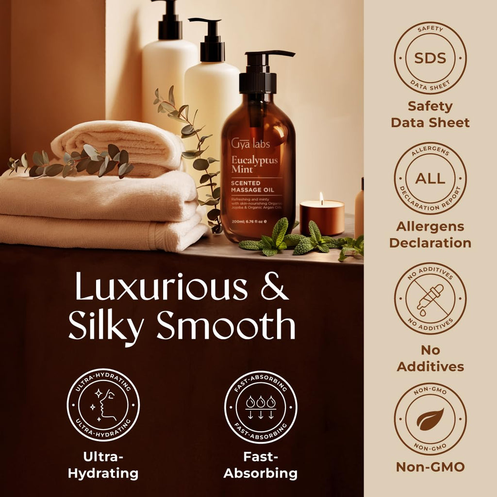 Gya Labs Eucalyptus Mint Massage Oil – 6.76 Fl Oz | Non-Greasy for Sore Muscles, Deep Relaxation & All Skin Types