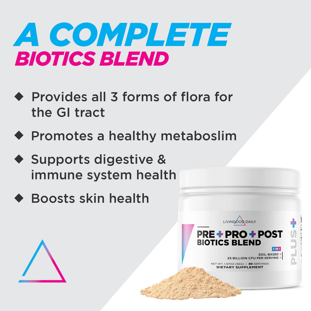 Livingood Daily Pre Pro Post Biotics Blend Powder – 3-in-1 Digestive Support