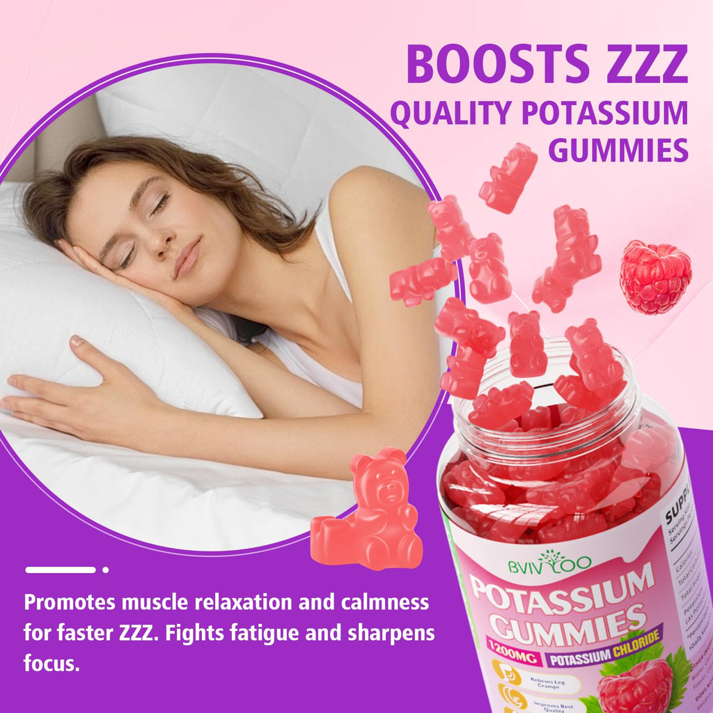 Potassium Chloride Gummies 1200mg - Muscle Health & Leg Cramps Support (60 Count) Raspberry