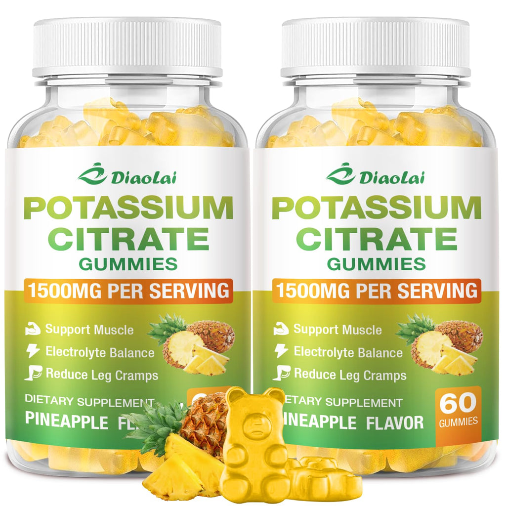 Potassium Citrate 1500mg Gummies – Potassium Supplement for Leg Cramps & Muscle Health | Vegan Pineapple, 120 Count
