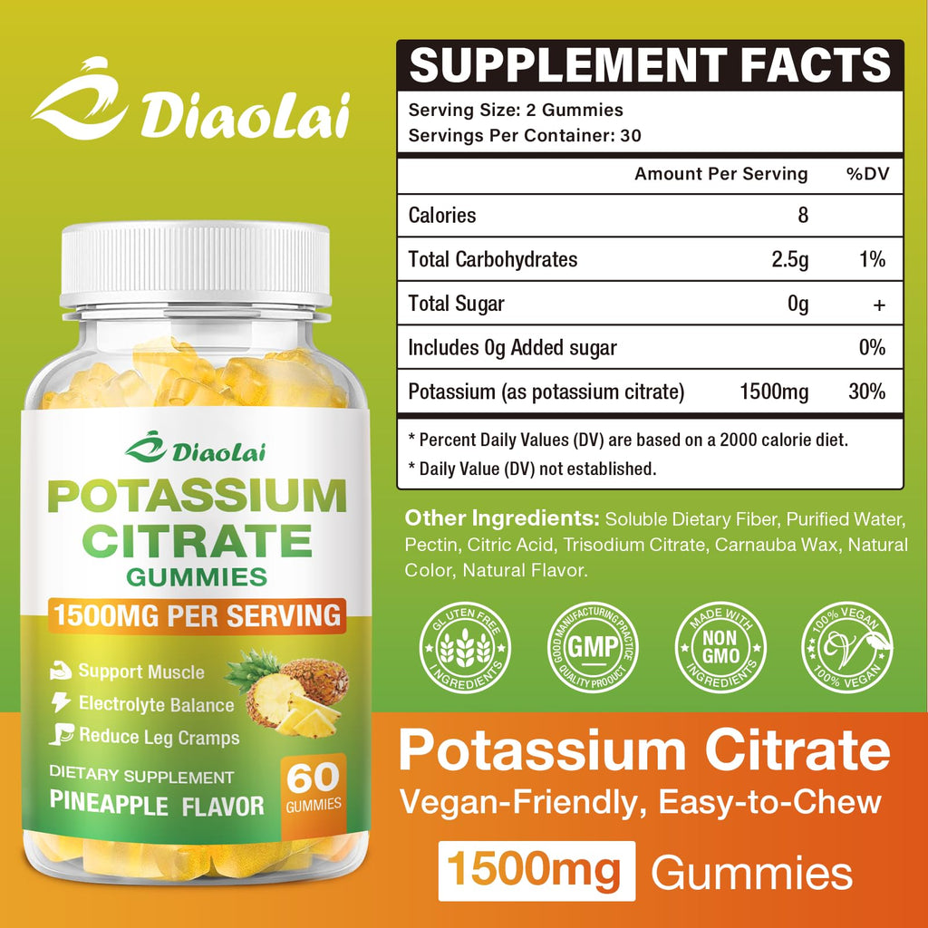 Potassium Citrate 1500mg Gummies – Potassium Supplement for Leg Cramps & Muscle Health | Vegan Pineapple, 120 Count