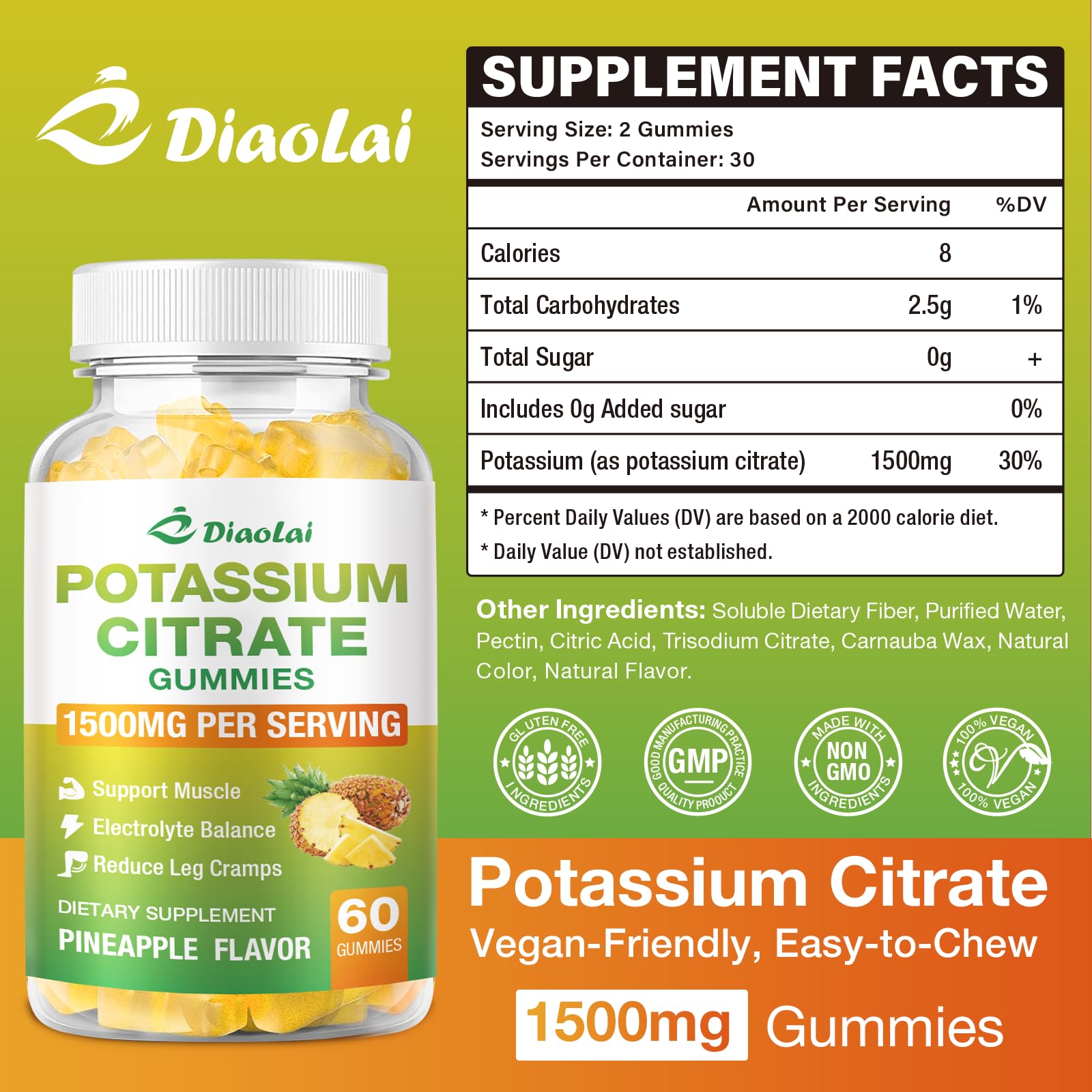 Potassium Citrate 1500mg Gummies – Potassium Supplement for Leg Cramps & Muscle Health | Vegan Pineapple, 120 Count