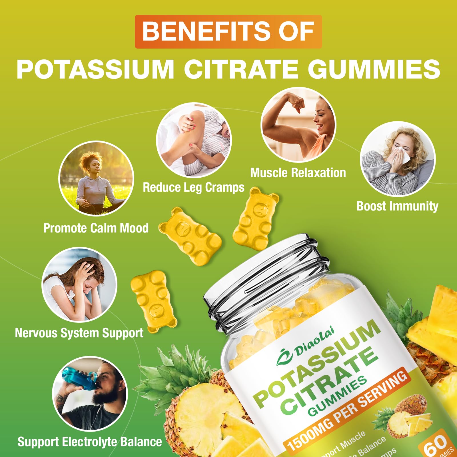 Potassium Citrate 1500mg Gummies – Potassium Supplement for Leg Cramps & Muscle Health | Vegan Pineapple, 120 Count