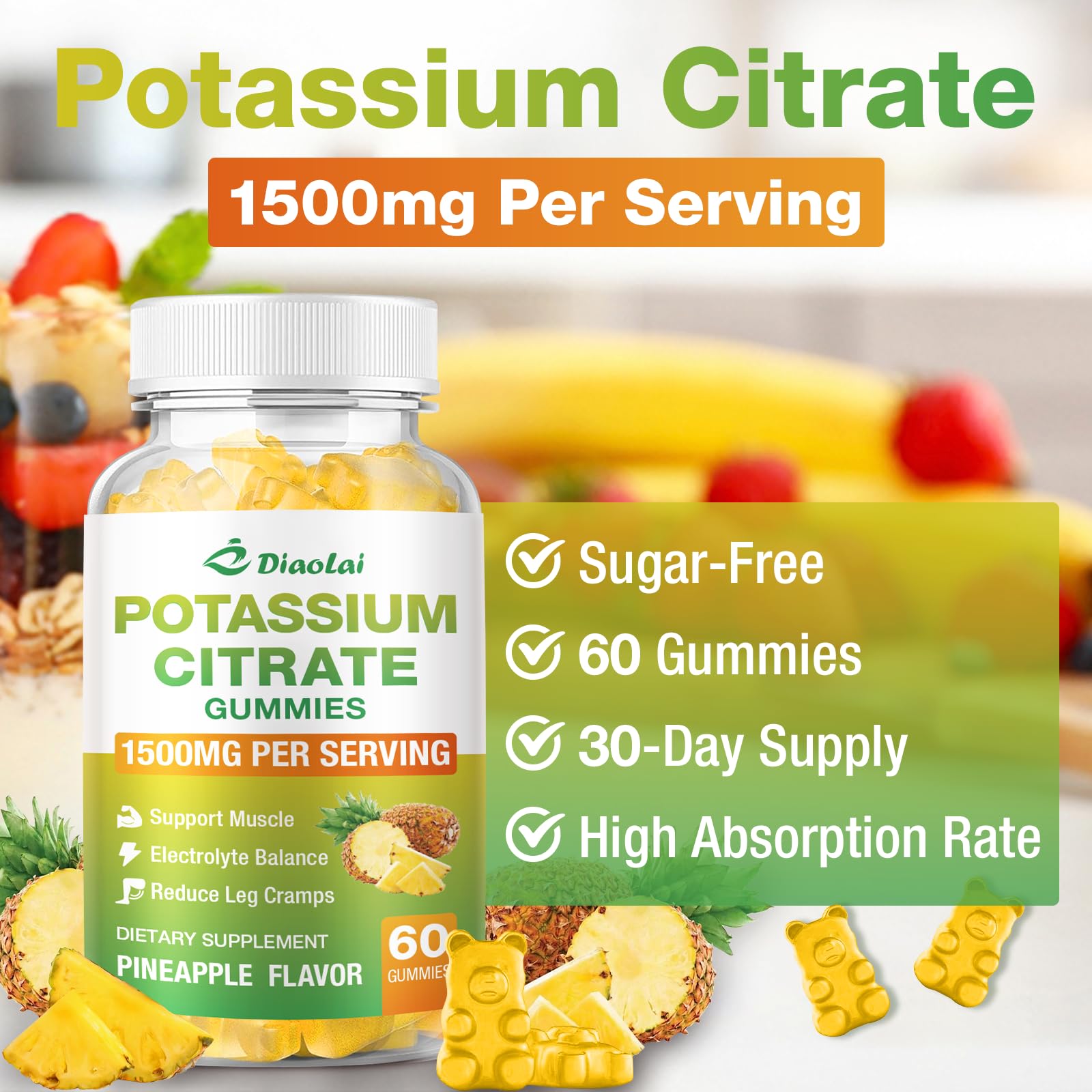 Potassium Citrate 1500mg Gummies – Potassium Supplement for Leg Cramps & Muscle Health | Vegan Pineapple, 120 Count