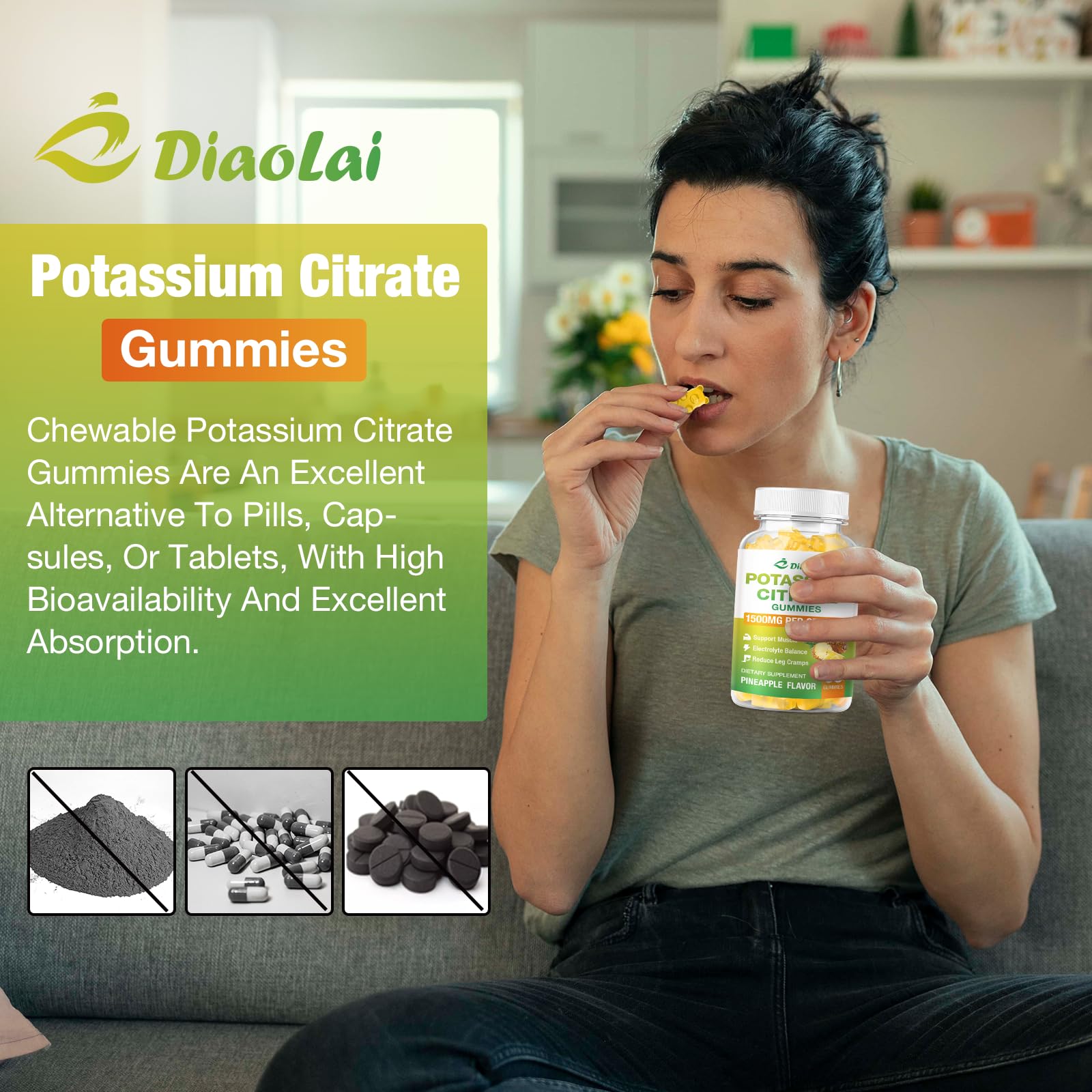 Potassium Citrate 1500mg Gummies – Potassium Supplement for Leg Cramps & Muscle Health | Vegan Pineapple, 120 Count