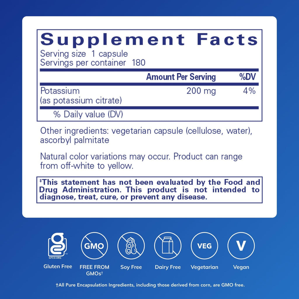 Pure Encapsulations Potassium (Citrate) – Essential Electrolyte for Nerve, Heart & Energy | 180 Capsules