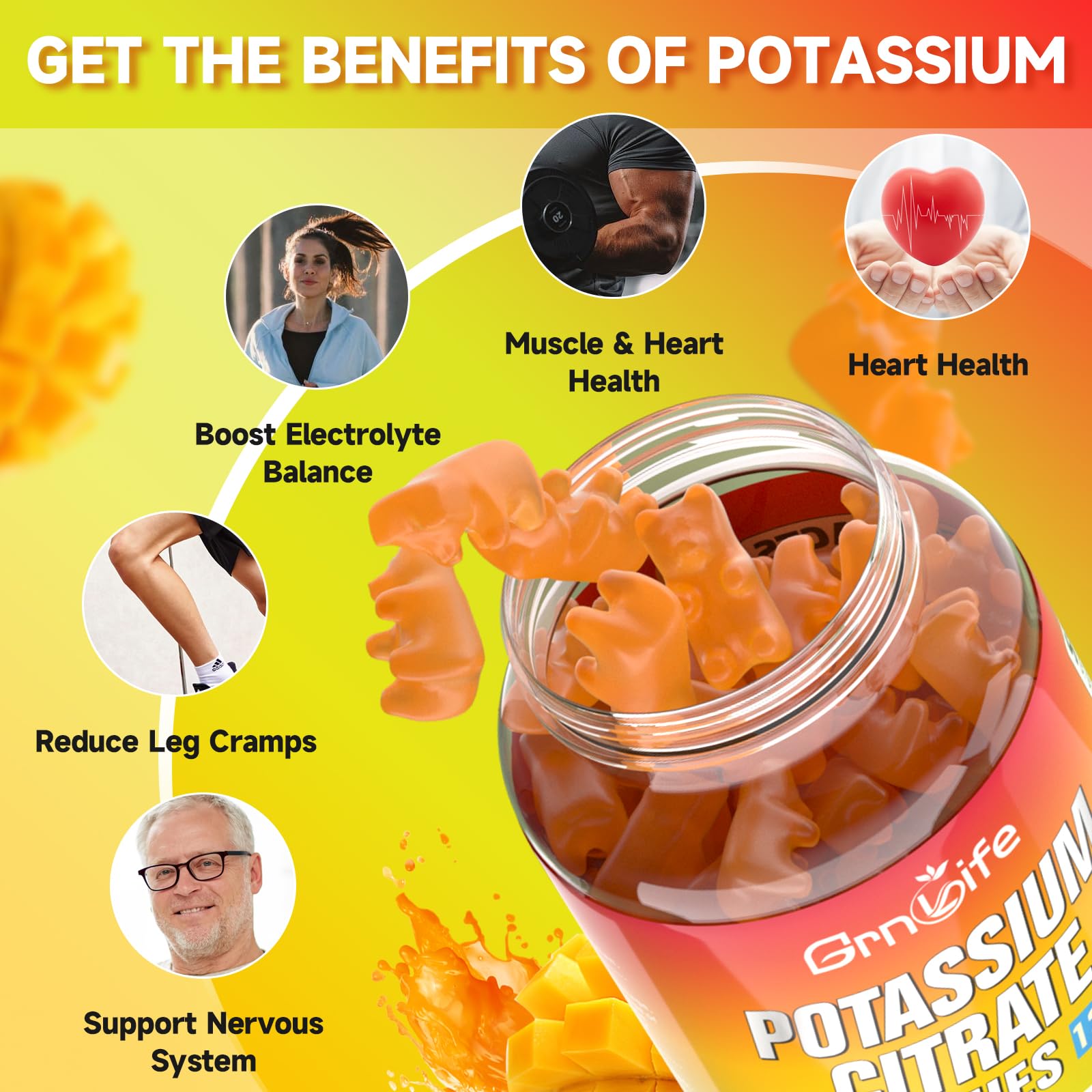 Potassium Citrate Gummies - 1200mg Potassium per Serving | Vegan Mango Flavor Gummies for Adults & Kids (120 Count)