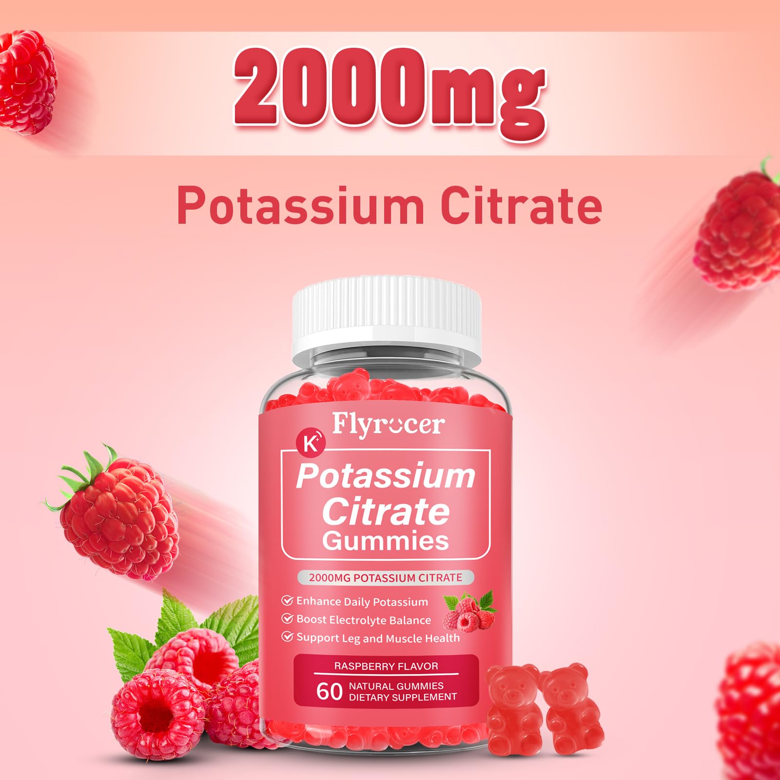 2 Pack Potassium Citrate Gummies – Raspberry, 120 Count | Supports Leg Cramps & Electrolyte Balance