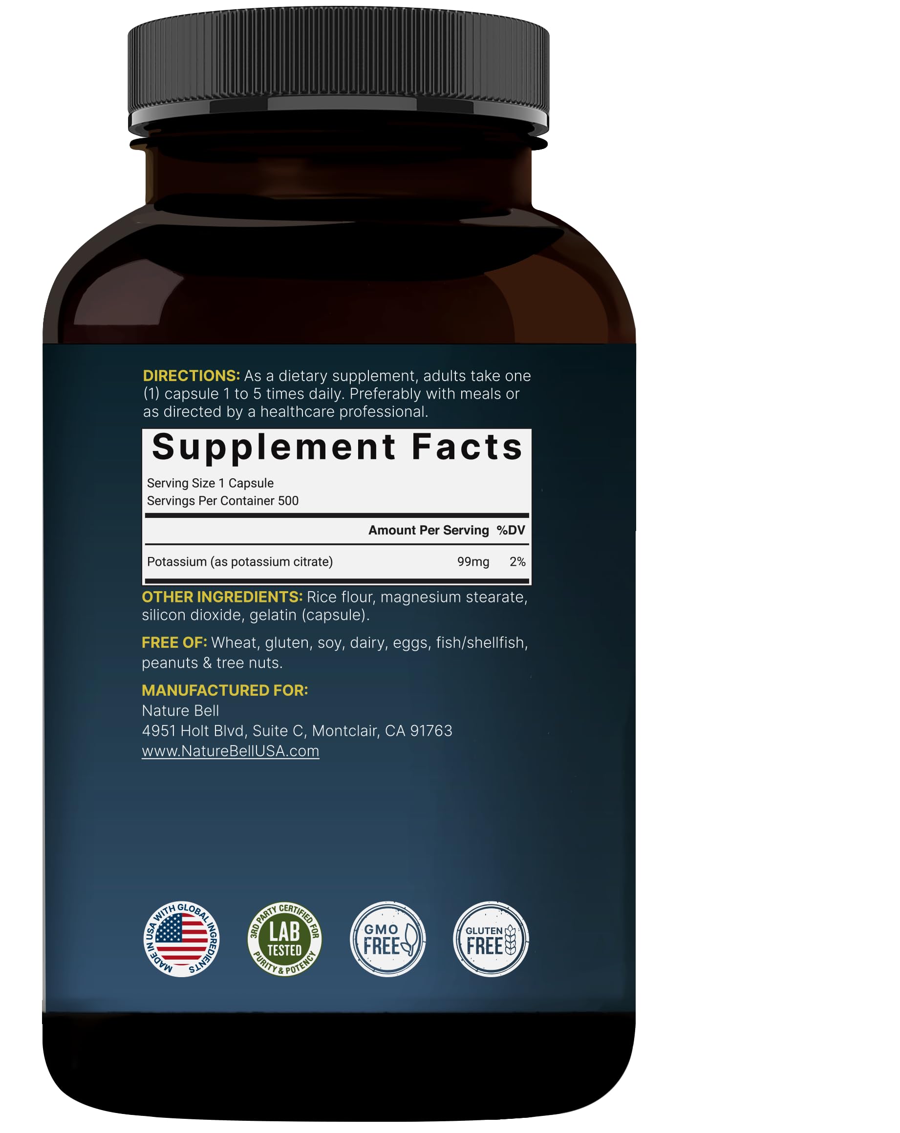 Potassium Citrate 99mg – 500 Caps | Chelated, Non-GMO