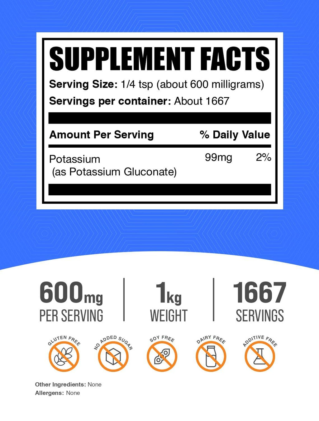 BulkSupplements Potassium Gluconate Powder – Hydration Support, Gluten Free, 99 mg Potassium per Serving, 1 kg