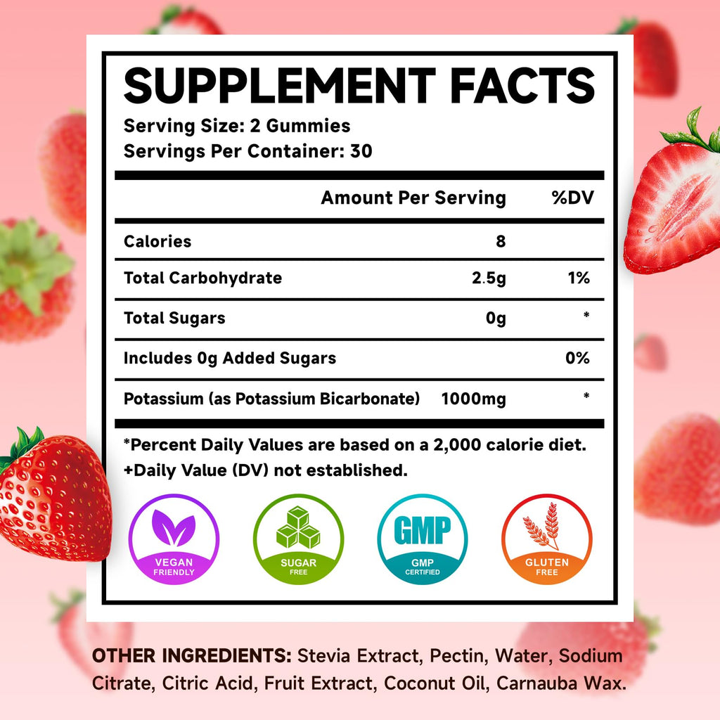 Potassium Gummies 1000mg – Strawberry (Sugar-Free) 60 Count