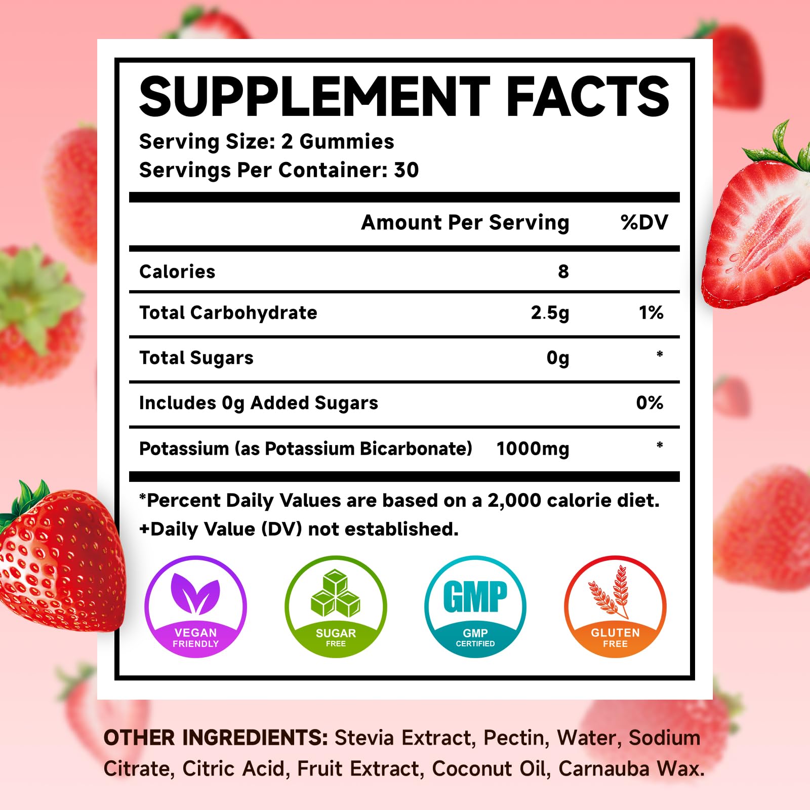 Potassium Gummies 1000mg – Strawberry (Sugar-Free) 60 Count