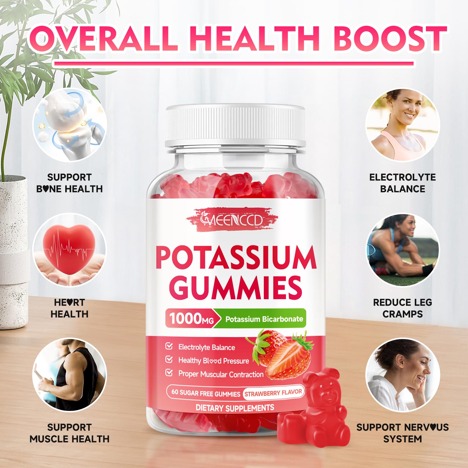 Potassium Gummies 1000mg – Strawberry (Sugar-Free) 60 Count