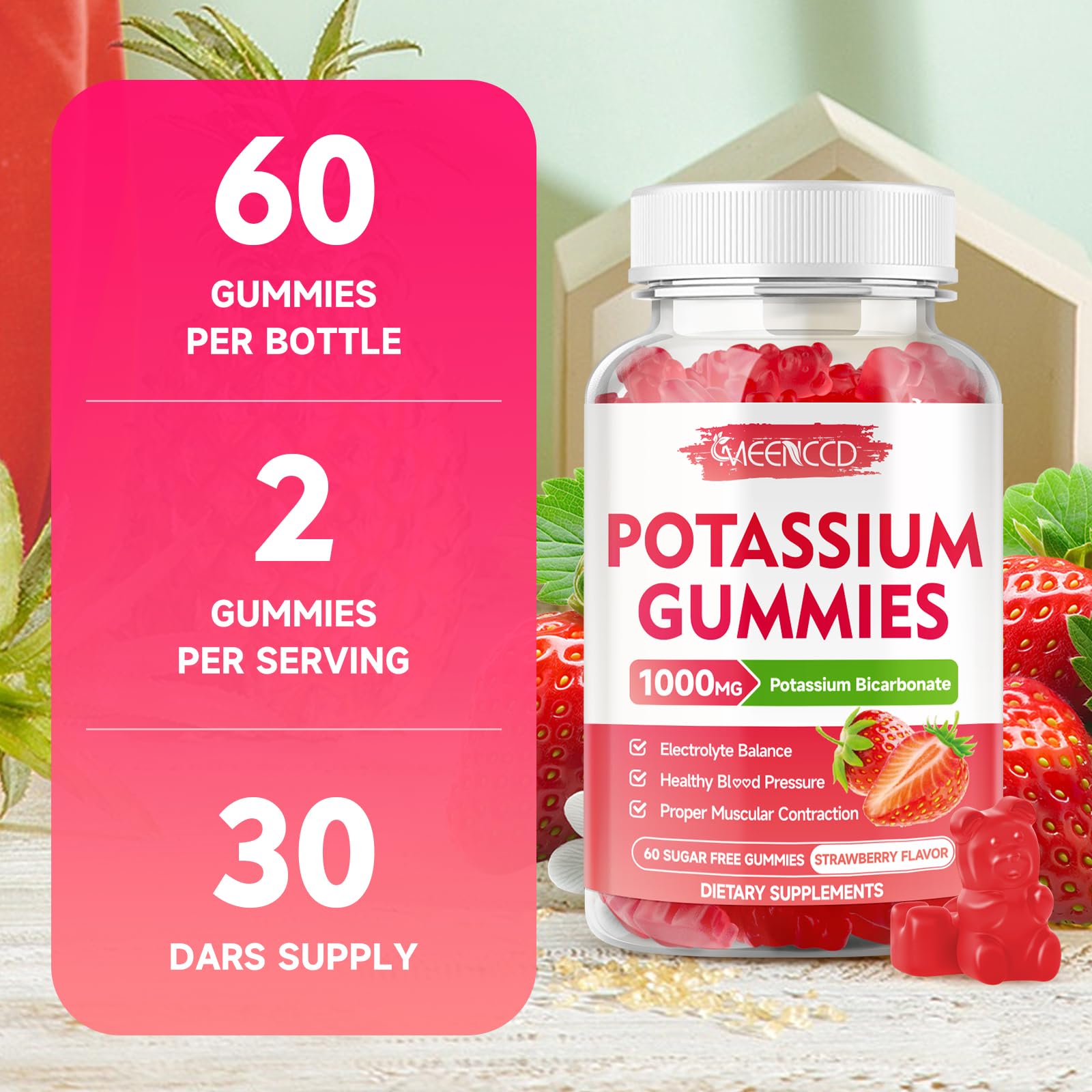 Potassium Gummies 1000mg – Strawberry (Sugar-Free) 60 Count