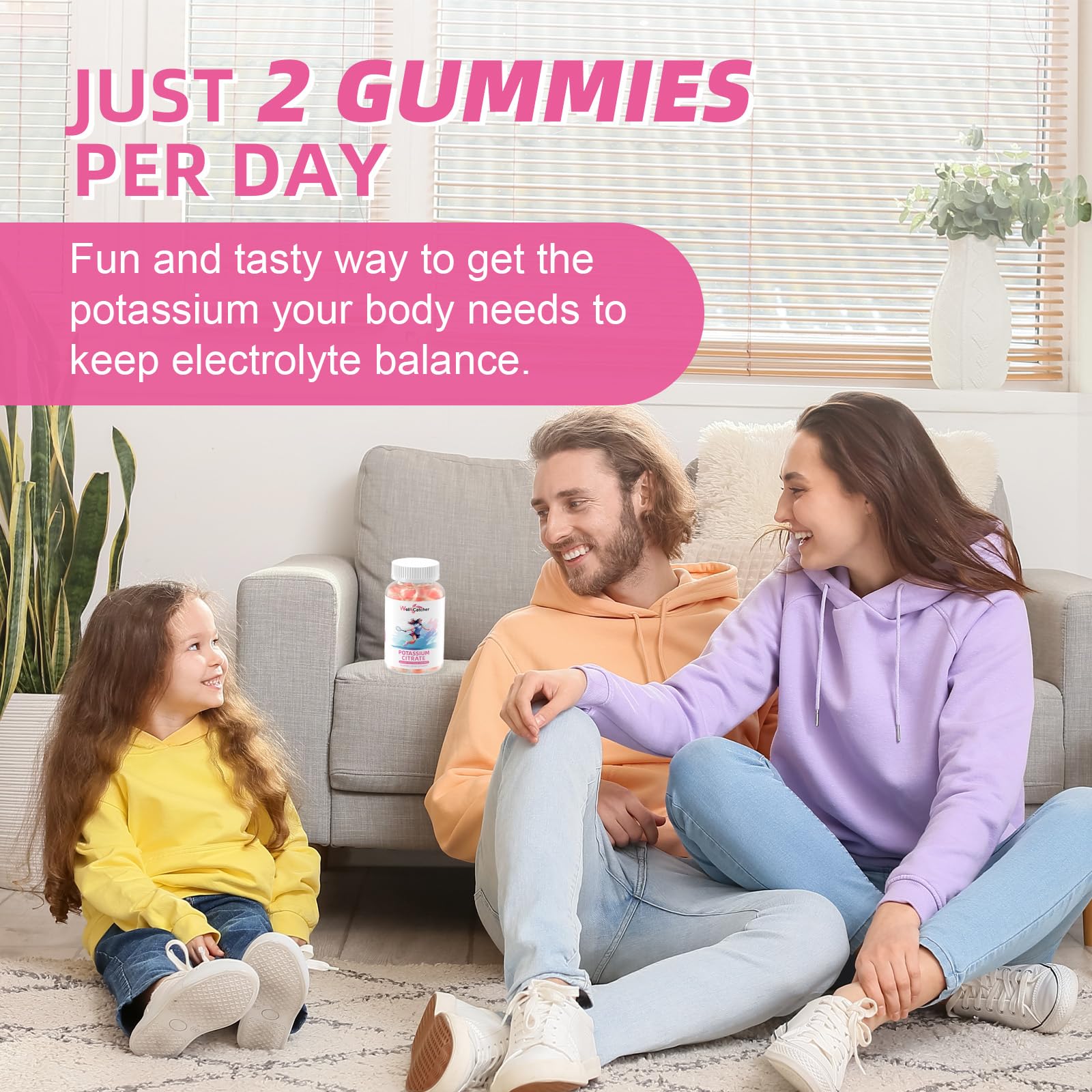 Potassium Gummies Supplement for Adults & Kids - High Potassium Citrate, Sugar Free, Vegan, Non-GMO, Organic Strawberry Flavor (60 Counts)