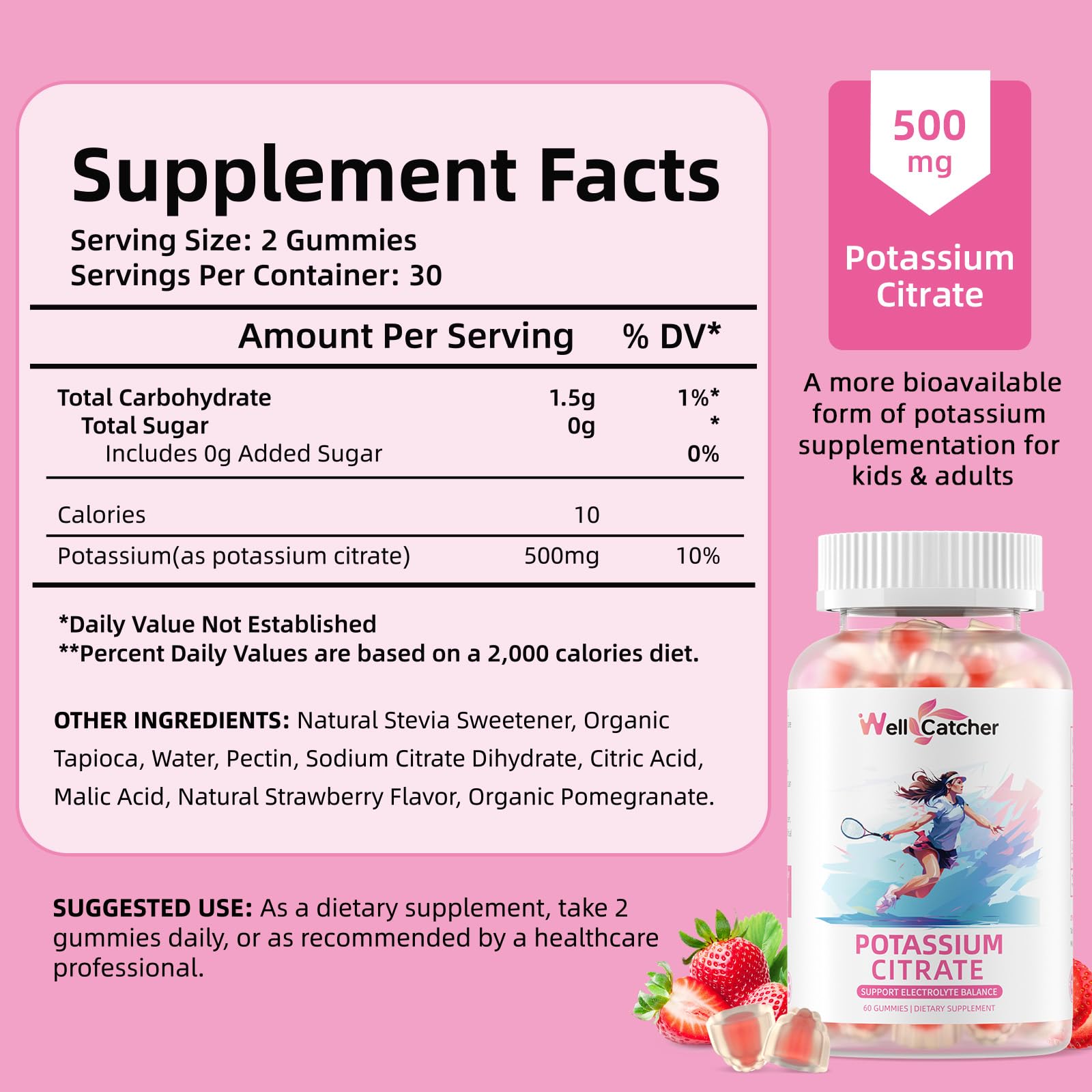 Potassium Gummies Supplement for Adults & Kids - High Potassium Citrate, Sugar Free, Vegan, Non-GMO, Organic Strawberry Flavor (60 Counts)