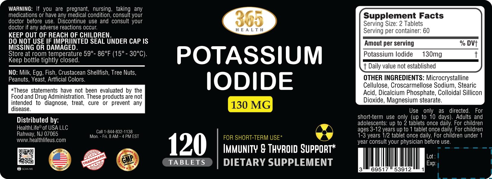 Potassium Iodide 130 mg KI Tablets – USA Made, 120-Count per Bottle, Pack of 2 (240 Tablets)
