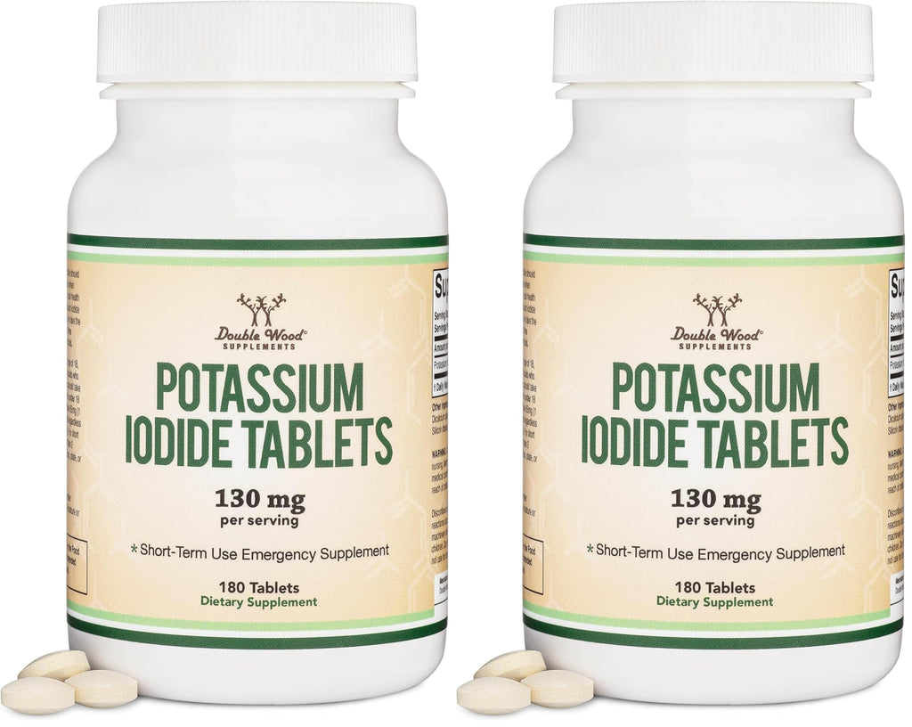 Potassium Iodide 130mg Tablets | 180 Count, 3-Month Emergency Supply | Double Wood (Pack of 2)