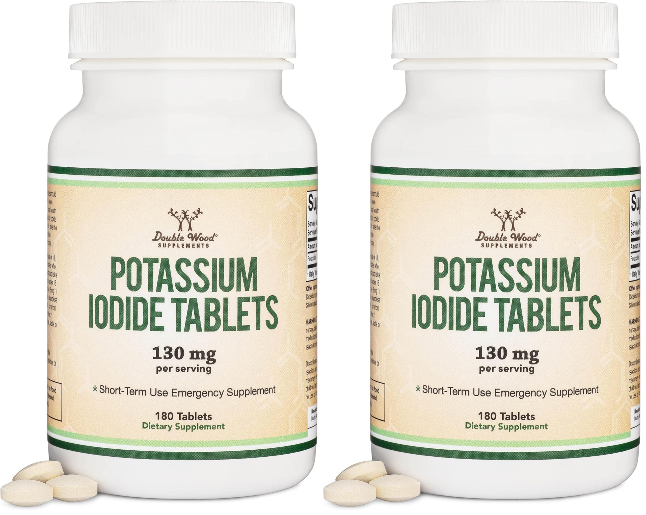 Potassium Iodide 130mg Tablets | 180 Count, 3-Month Emergency Supply | Double Wood (Pack of 2)