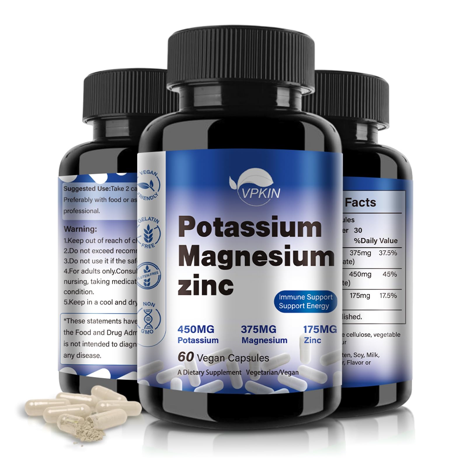 Potassium Magnesium 1000mg Supplement | Leg Cramps Relief | High Absorption | Vegan (60 Capsules)