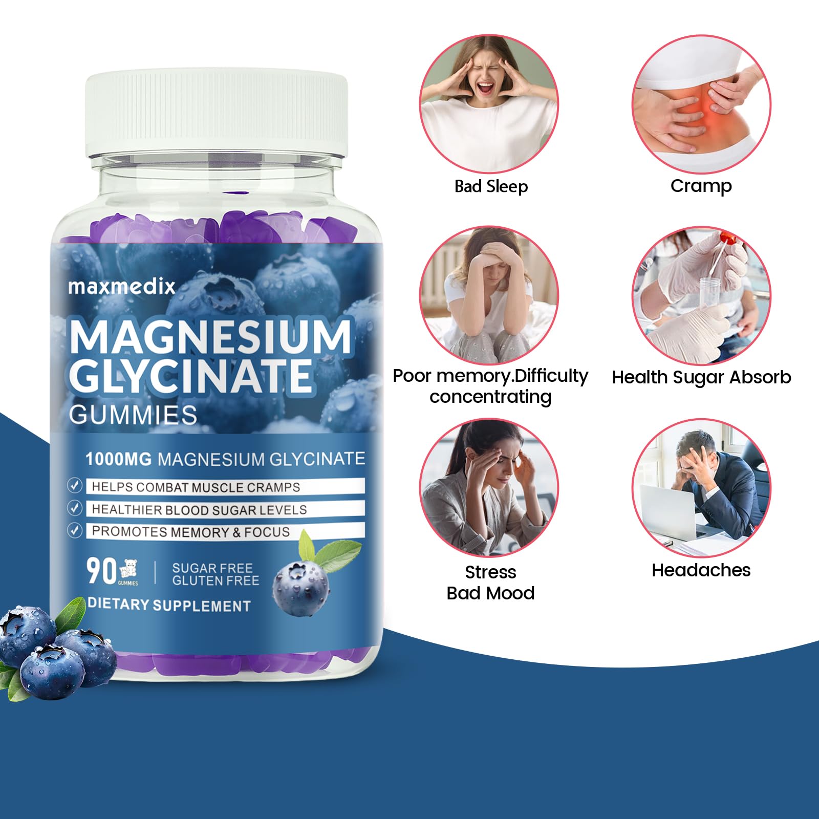 Magnesium Glycinate Gummies 1000mg — Sugar Free Potassium Magnesium Chewables (90 Gummies) with L-Threonate