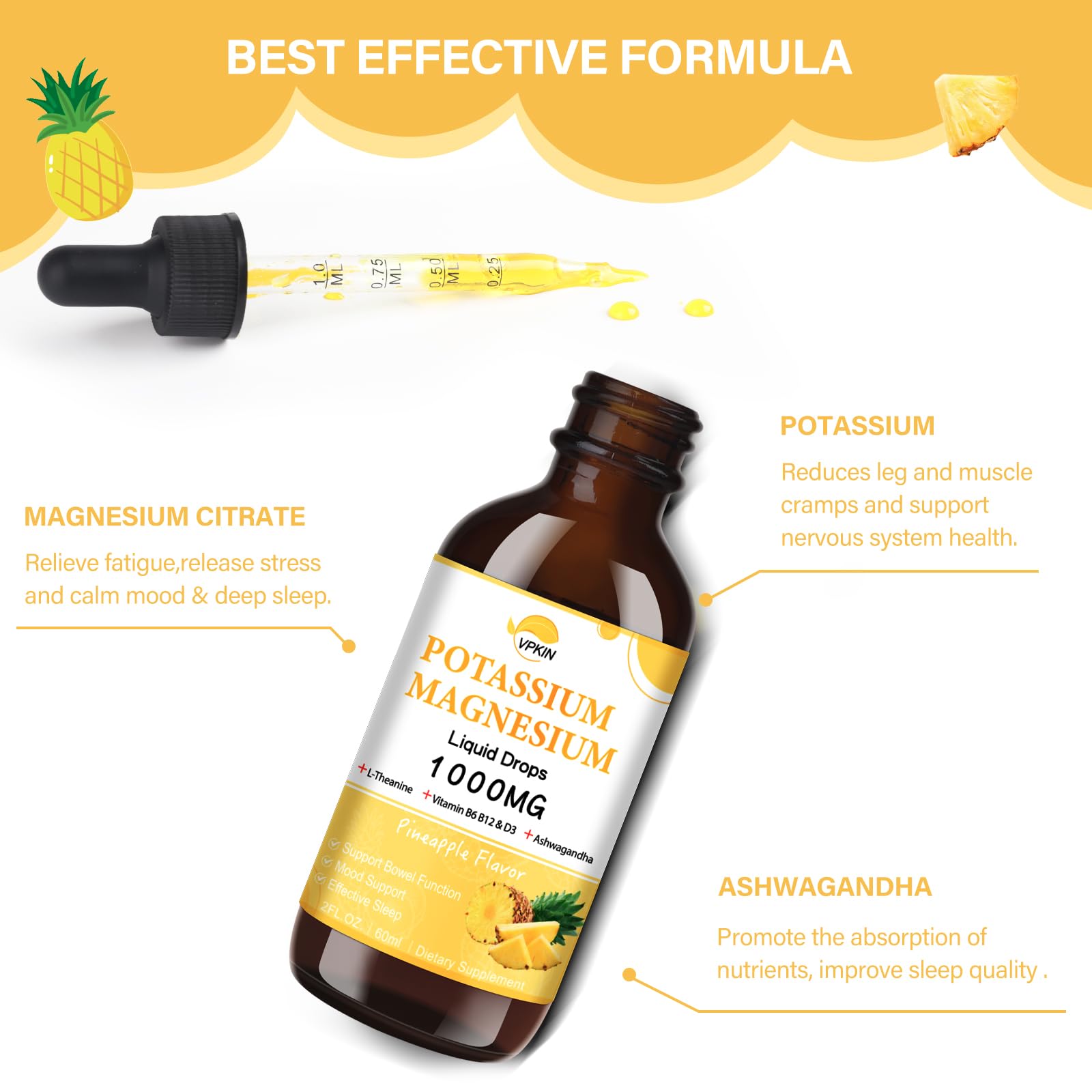 Potassium Magnesium Citrate Liquid Drops – Pineapple Flavor, 2 fl oz, 1000mg Mg