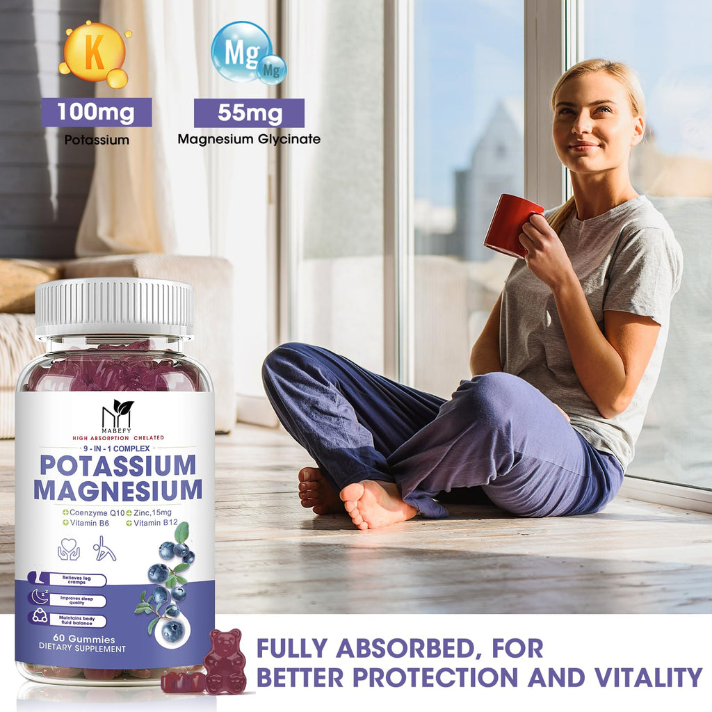 2 Pack Potassium Magnesium Gummies - Sugar-Free Magnesium Glycinate & Potassium Gummies with Calcium, Zinc, Vitamin D3, B6 & B12 for Leg Cramps & Muscle Support