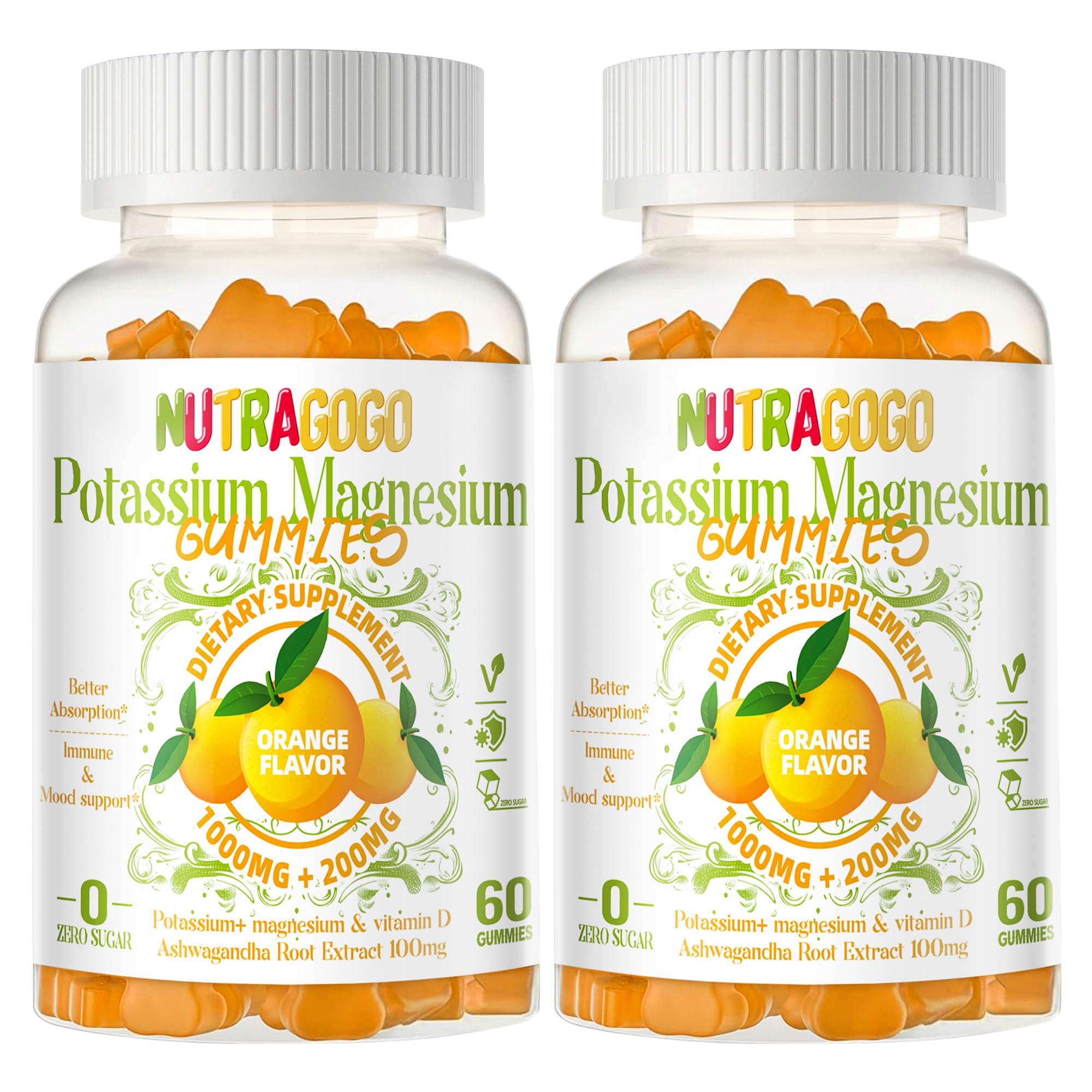 Potassium Magnesium Gummies with Ashwagandha – Sugar-Free, 120 Gummies | Magnesium Glycinate, D3, B6