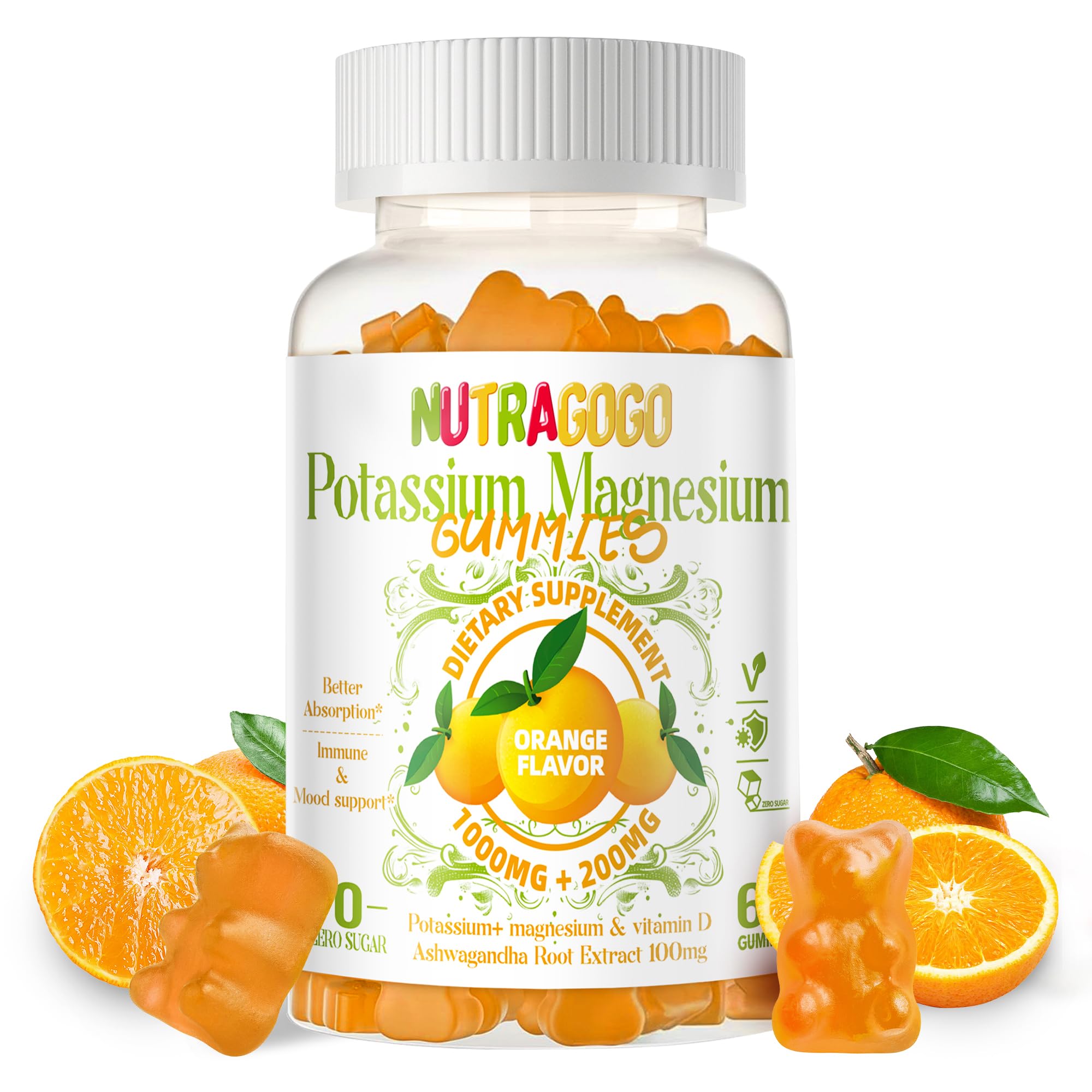 Potassium Magnesium Gummies with Ashwagandha – High Absorption Magnesium Glycinate, B6, D3, Potassium Citrate (Sugar-Free) 60 Gummies
