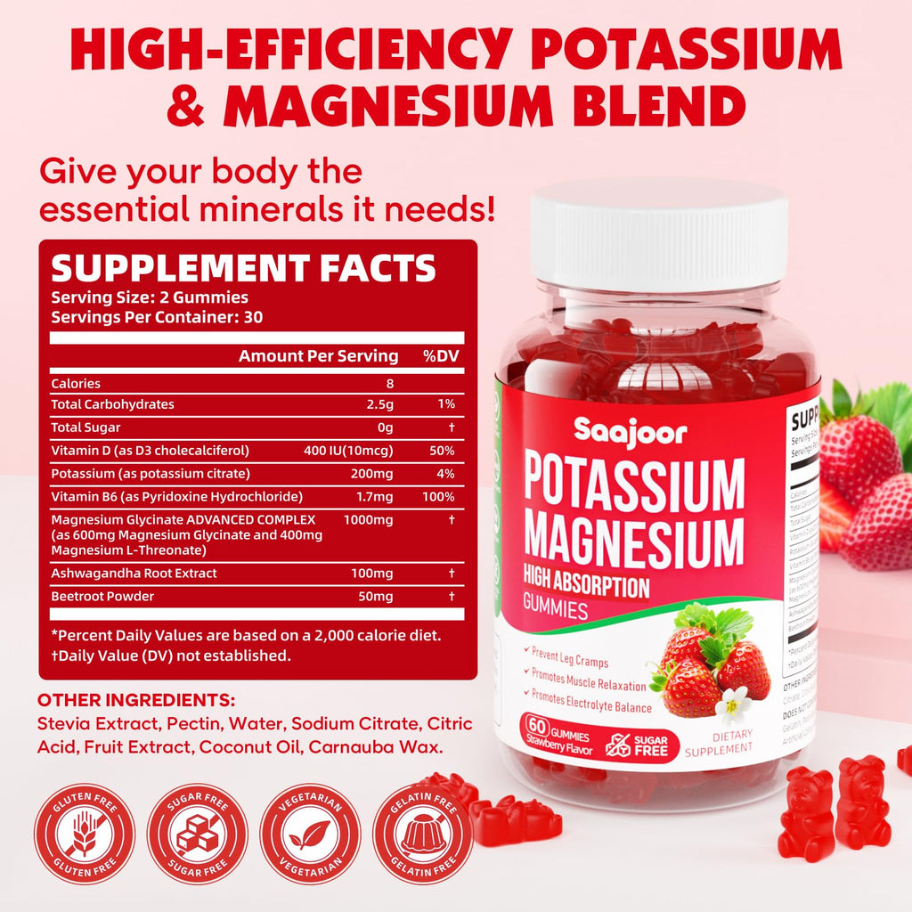 Potassium Magnesium Gummies with High Absorption Magnesium Glycinate, D3 & B6 – Strawberry Flavor (60 Count)
